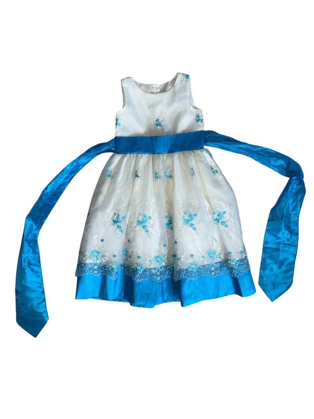 White and Turquoise Floral Sash Girls' Formal Dress